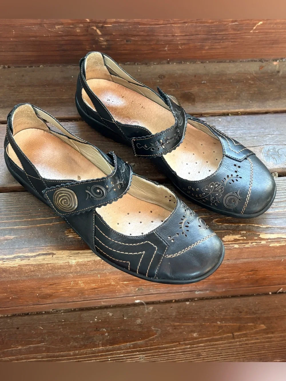 Rieker Mary Jane Germany Antistress Leather Wedge Conch Hook Loop Enclosure 9/40